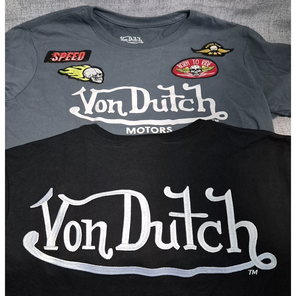 Von Dutch Medium Men's T Shirt Lot Patches Embroidered Y2K Streetwear NEW Size M